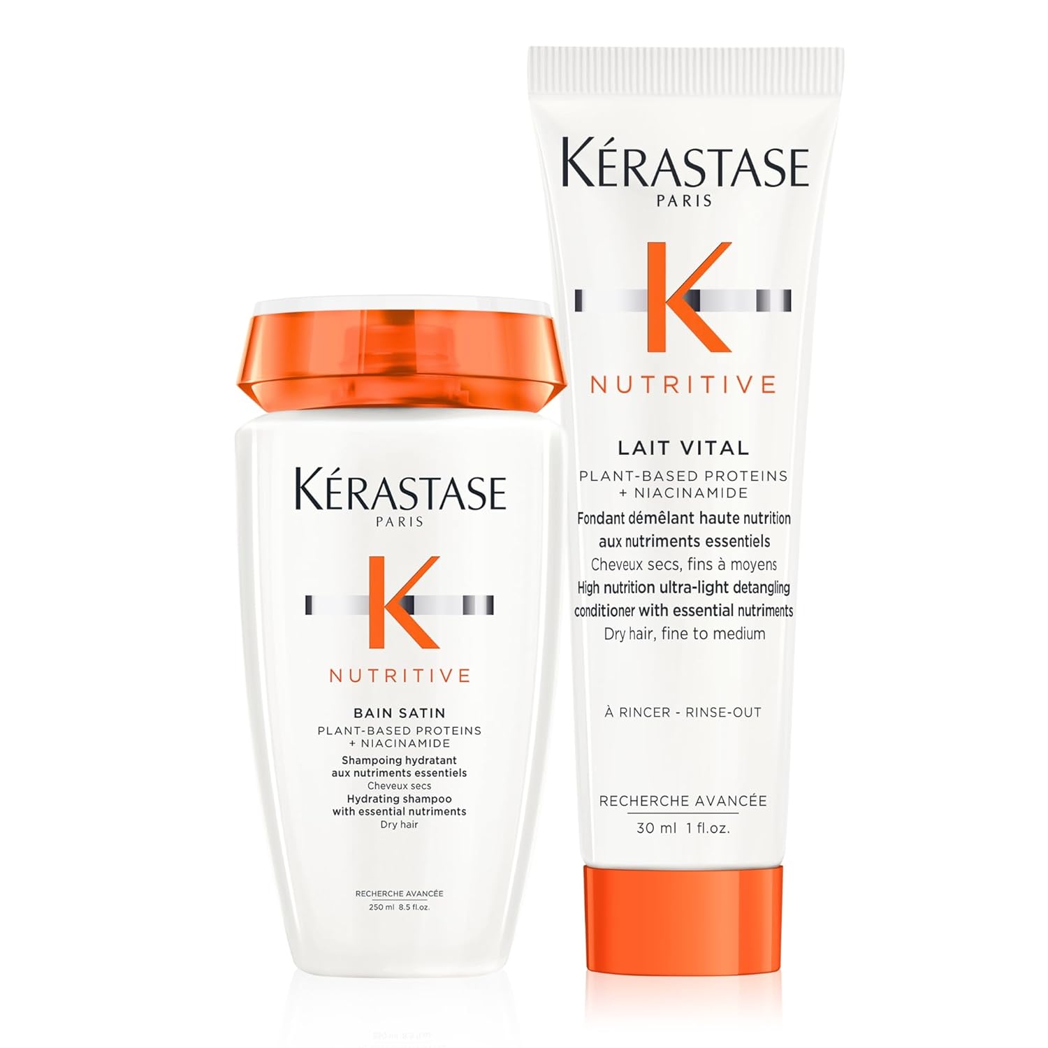 KERASTASE Nutritive Bain Satin Shampoo  Lait Vital Conditioner Set | Gently Cleanses  Replenishes Moisture | With Plant-Based Proteins  Niacinamide | For Fine to Medium Dry Hair | 8.5 Fl Oz