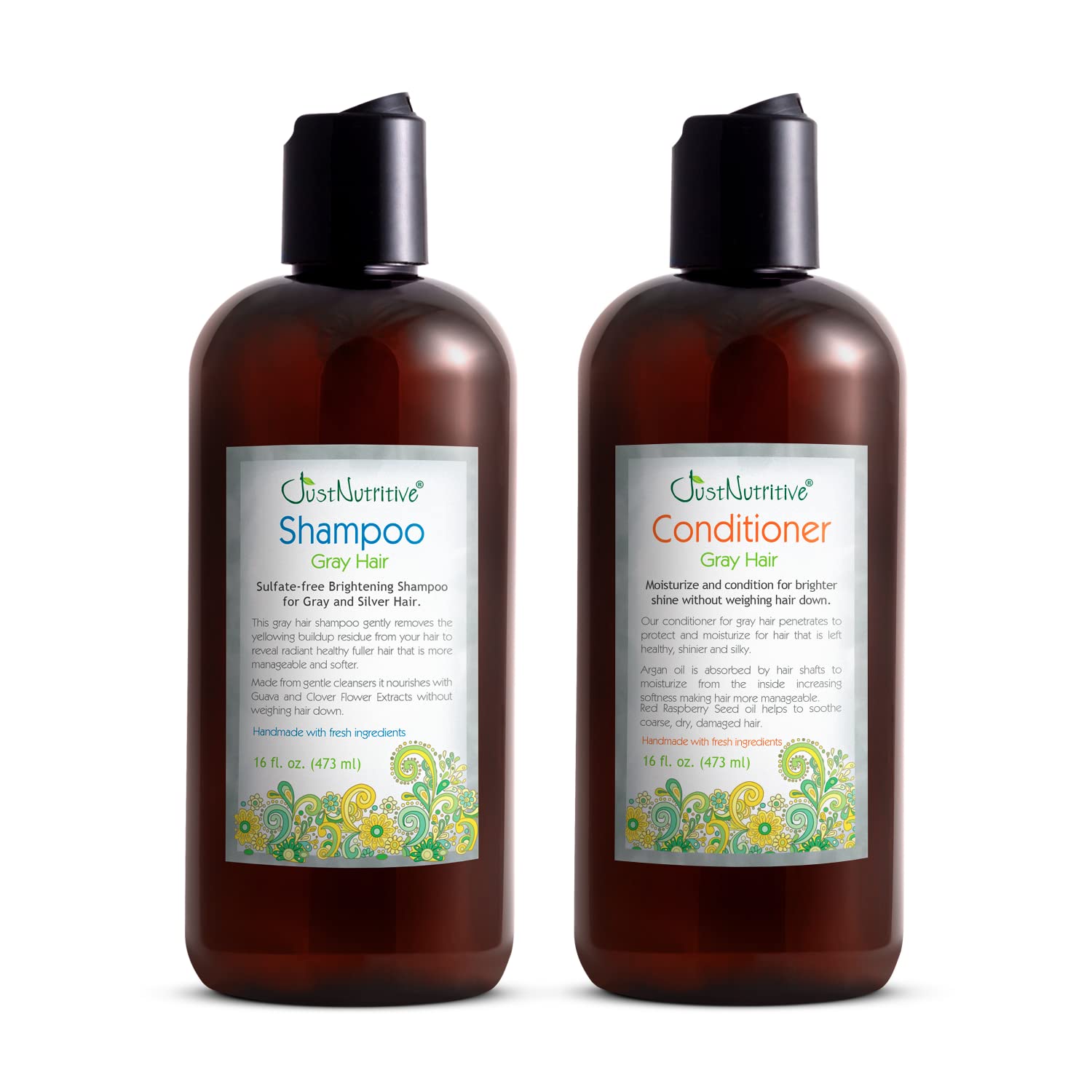 Just Nutritive Gray Hair Shampoo and Gray Hair Shampoo | Just Natural Hair Care | Natural Shampoo | Natural Conditioner | Gray Hair Kit | Gray Hair Bundle Each Product 16 oz.