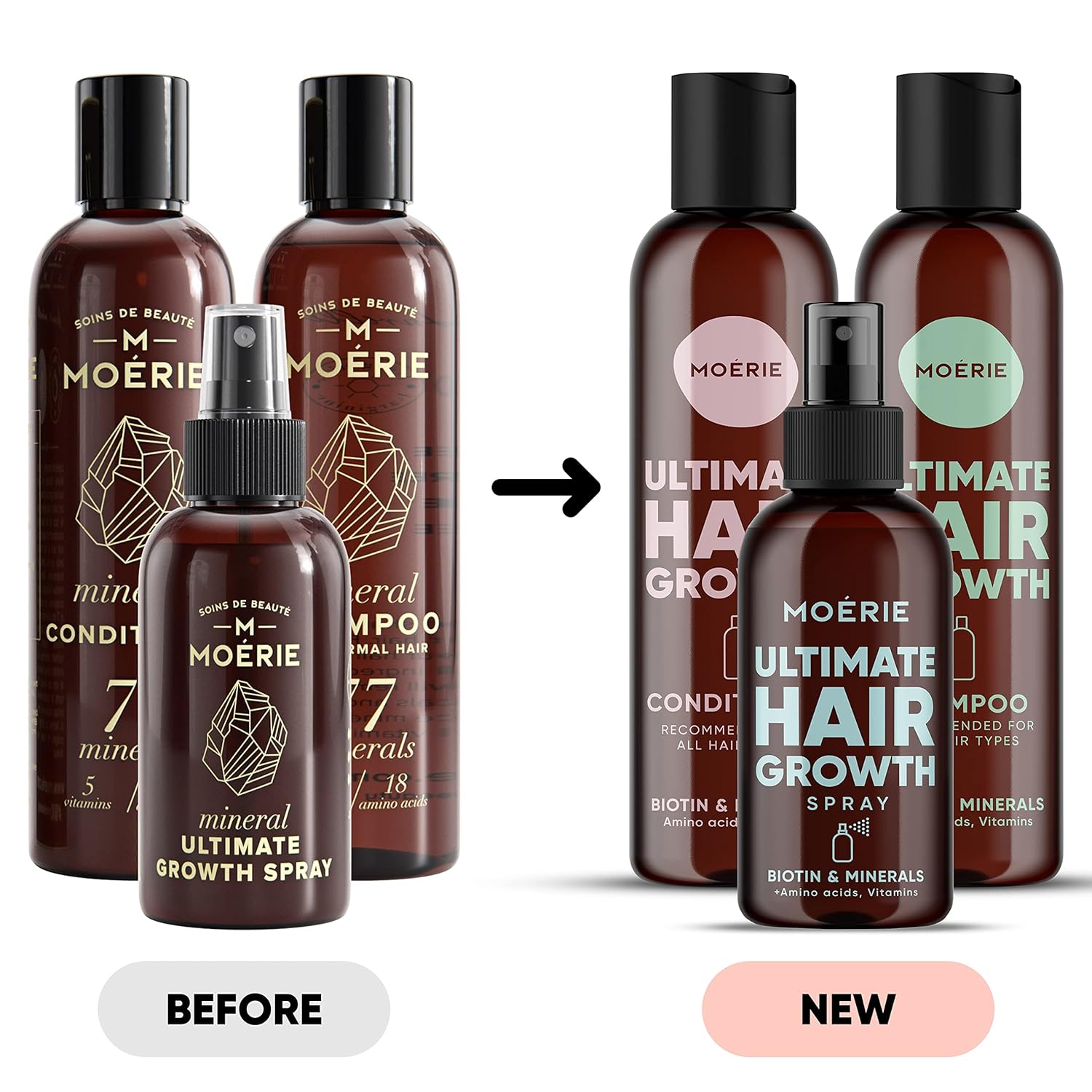 Moerie Mineral Shampoo and Conditioner Plus Hair Growth Spray Set – Ultimate Hair Care Pack – For Longer, Thicker, Fuller Hair - Volumizing Hair Care Products – Paraben  Silicone Free - 3 Products