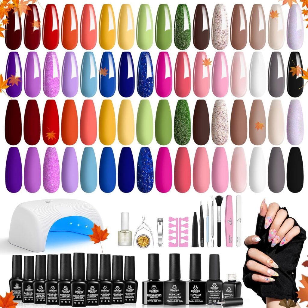 Beetles 52 Pcs Gel Nail Polish Kit with UV LED Light Starter Kit Soak Off 32 Colors Brownnails Glitter Fall Gel Polish Set with Base Top Coat 36W Nail Dryer Building Gel Blomming Gel Nail Art for DIY