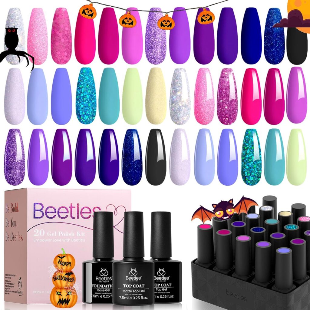 Beetles 52 Pcs Gel Nail Polish Kit with UV LED Light Starter Kit Soak Off 32 Colors Brownnails Glitter Fall Gel Polish Set with Base Top Coat 36W Nail Dryer Building Gel Blomming Gel Nail Art for DIY