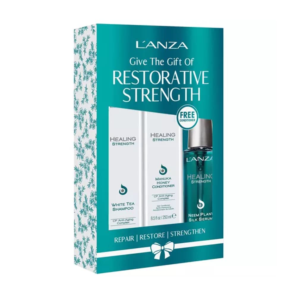 LANZA Restorative Strength Hair Care Kit - Hair Repair Shampoo and Conditioner with Healing Neem Plant Silk Serum - Birthday Gifts for Women (10.1/8.5/3.4 Fl Oz)