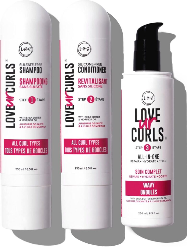LUS Brands Love Ur Curls for Wavy Hair, 3-Step System - Shampoo and Conditioner Set with All-in-One Styler - LUS Curls Hair Products for Volume - Nonsticky, Nongreasy, Light Formula - 8.5oz each