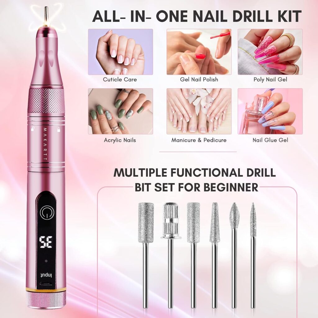 Makartt Rechargeable Nail Drill 30000RPM Portable Electric E File Malory Acrylic Nail Gel Polish Remover Machine with Drill Bits Set, Manicure Nail Tech Art Salon Home DIY, Pink Gift Set