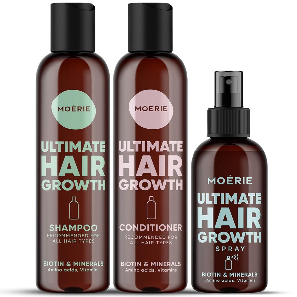 Moerie Mineral Shampoo and Conditioner Plus Hair Growth Spray Set – Ultimate Hair Care Pack – For Longer, Thicker, Fuller Hair - Volumizing Hair Care Products – Paraben  Silicone Free - 3 Products