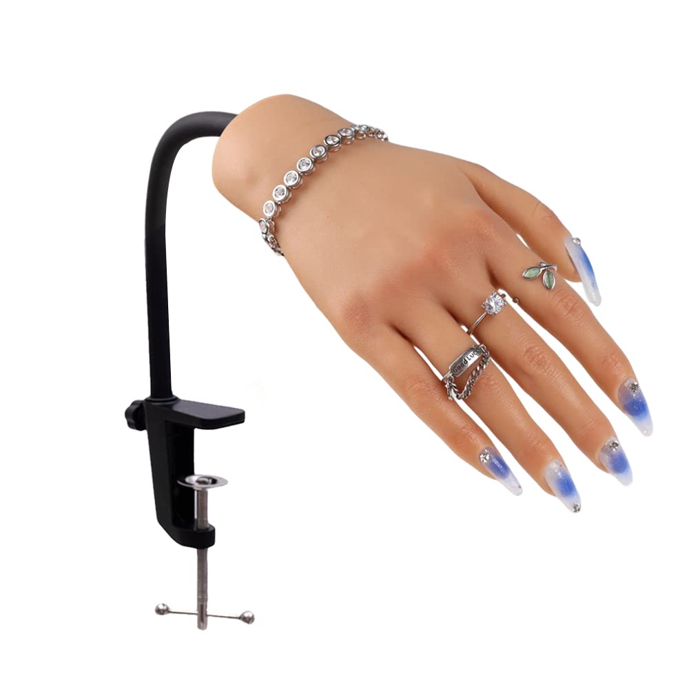 Nail Pratice Training Hand for Acrylic Nails with Stand Bracket,Soft Silicone Maniquin Hand, Flexible Bendable Nail Practice Fake Hand for Nails Art Practice Tool