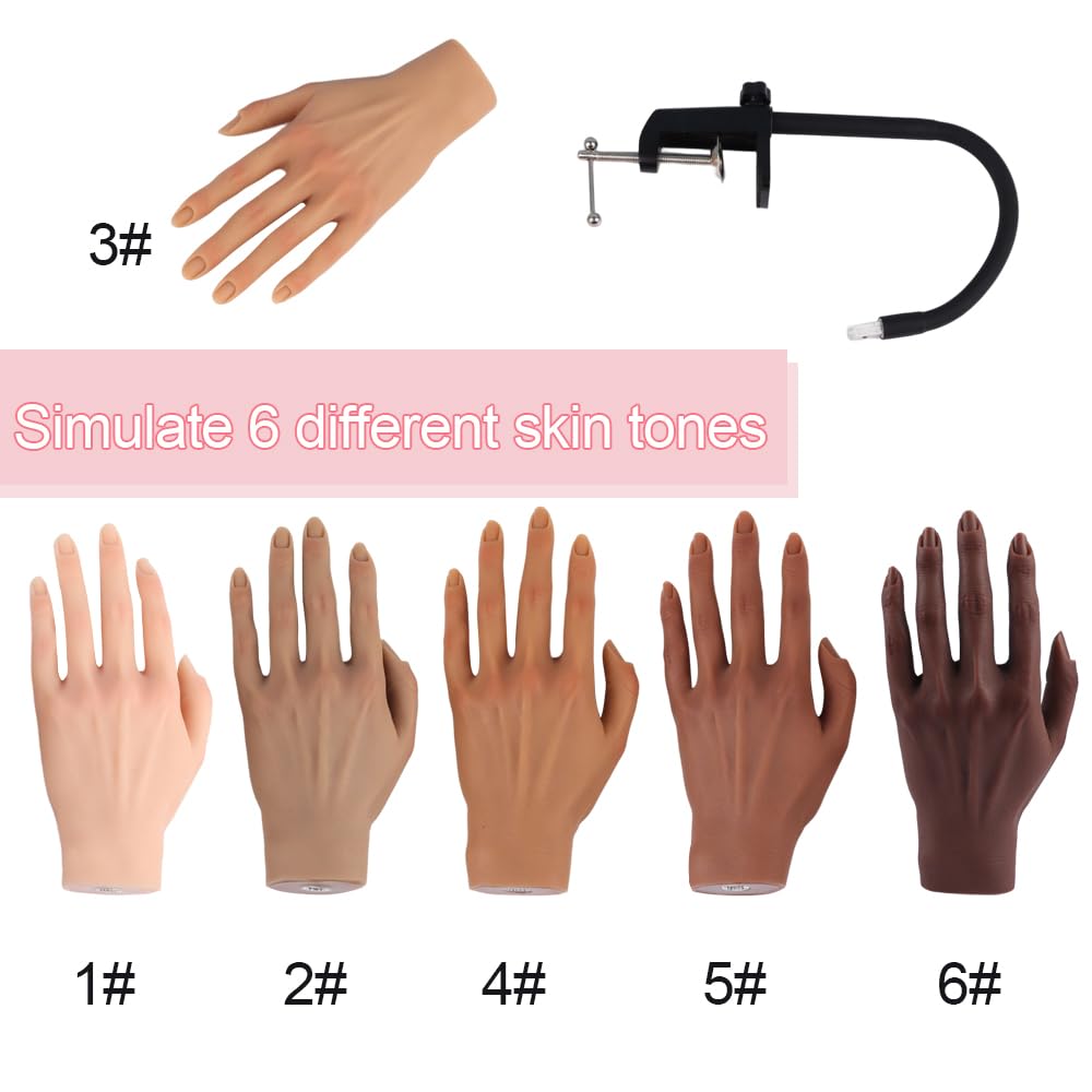 Silicone Practice Hand for Acrylic Nails, Mannequin Hands for Nails Practice with Adjustable Bracket, Life Size Fake Hand for DIY Nails/Nail Art Beginners/Nail Salon Artists